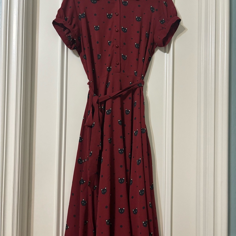 Elegant Burgundy Cat Print Dress